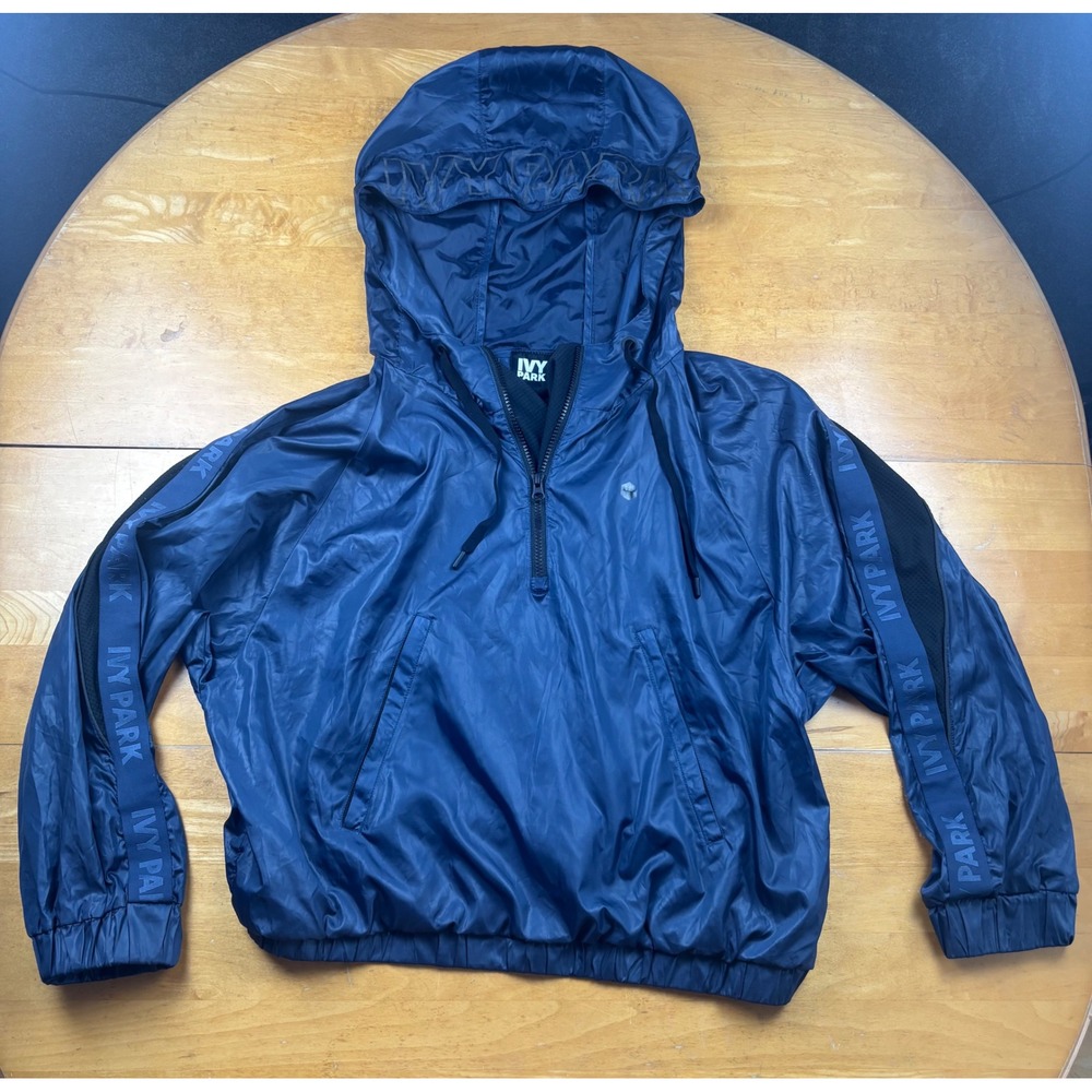 Ivy Park Navy Blue Half Zip Windbreaker Jacket Logo‎ Tape Hooded Womens Medium